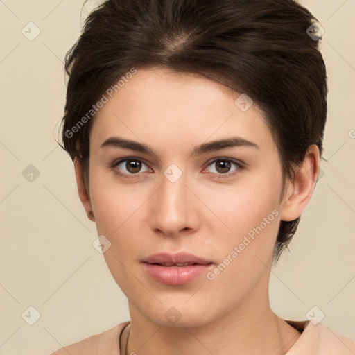 Neutral white young-adult female with short  brown hair and brown eyes