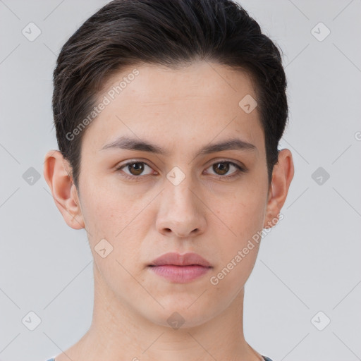 Neutral white young-adult male with short  brown hair and brown eyes