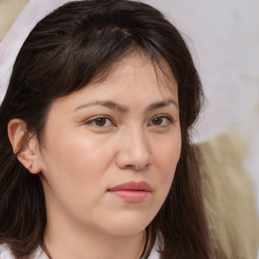 Neutral white young-adult female with medium  brown hair and brown eyes