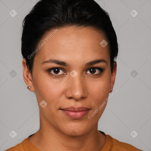 Joyful latino young-adult female with short  brown hair and brown eyes