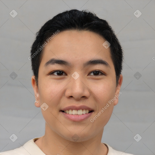 Joyful asian young-adult male with short  black hair and brown eyes