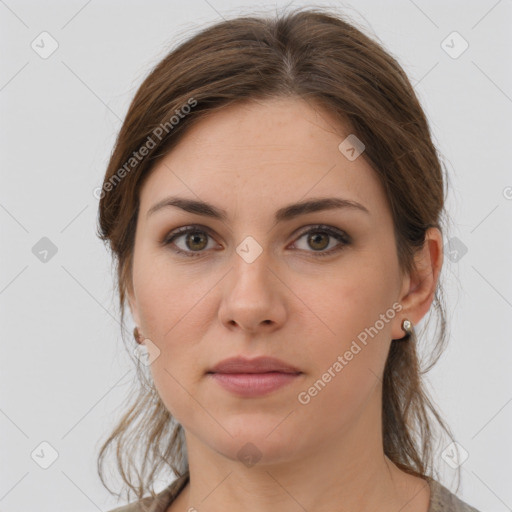 Neutral white young-adult female with medium  brown hair and grey eyes