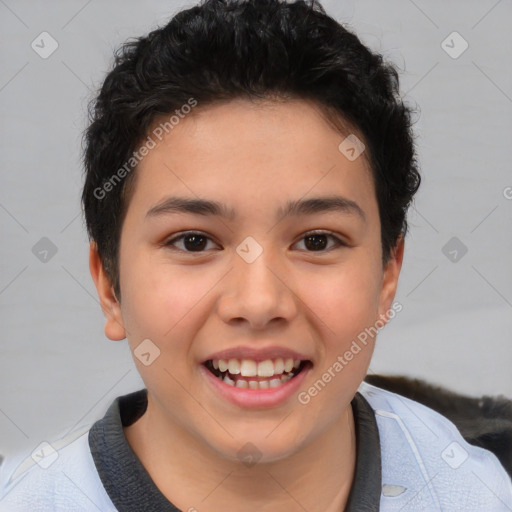 Joyful white child female with short  brown hair and brown eyes