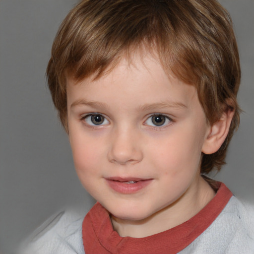 Joyful white child male with medium  brown hair and brown eyes