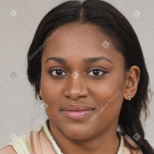 Joyful latino young-adult female with long  brown hair and brown eyes