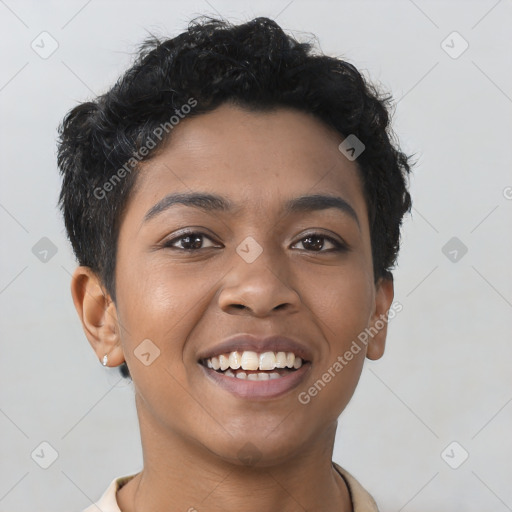 Joyful latino young-adult female with short  black hair and brown eyes