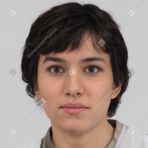 Neutral white young-adult female with medium  brown hair and brown eyes