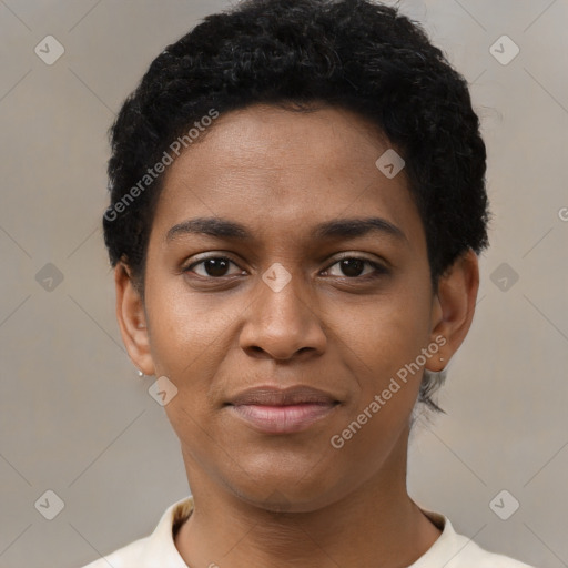 Joyful black young-adult female with short  black hair and brown eyes