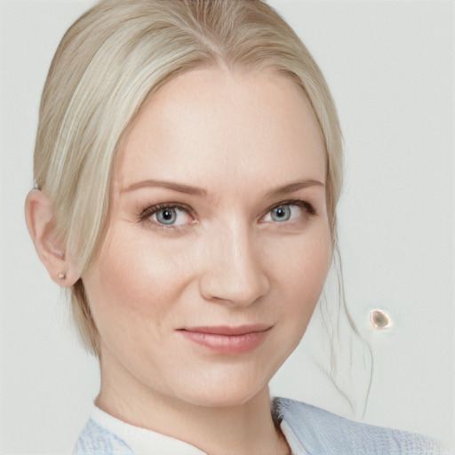 Joyful white young-adult female with medium  blond hair and blue eyes