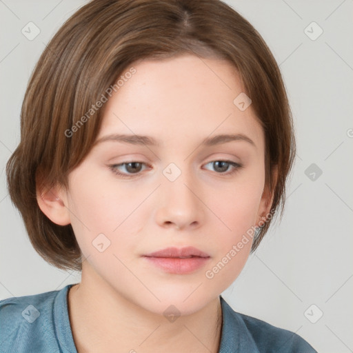 Neutral white young-adult female with medium  brown hair and grey eyes