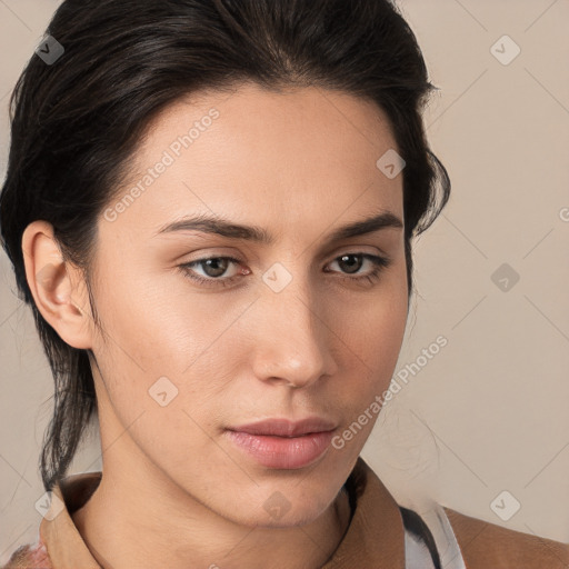 Neutral white young-adult female with medium  brown hair and brown eyes