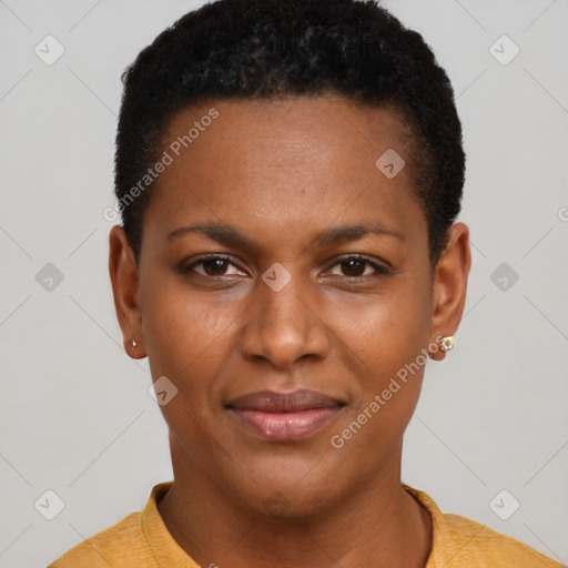 Joyful black young-adult female with short  brown hair and brown eyes