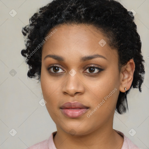 Joyful latino young-adult female with short  black hair and brown eyes