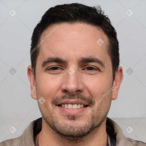 Joyful white young-adult male with short  brown hair and brown eyes