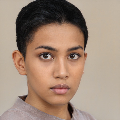 Neutral latino young-adult female with short  brown hair and brown eyes