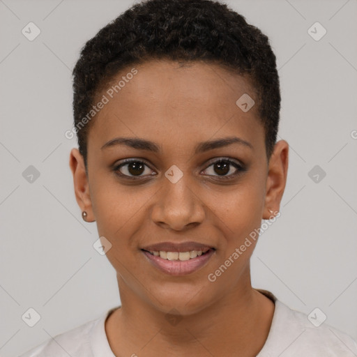 Joyful black young-adult female with short  black hair and brown eyes