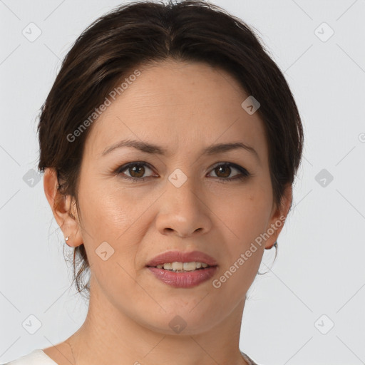 Joyful white young-adult female with medium  brown hair and brown eyes