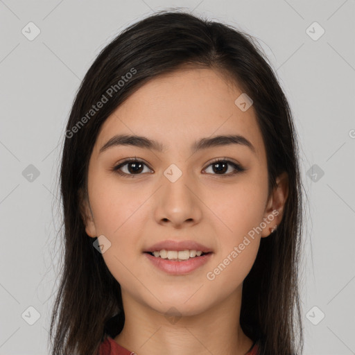 Joyful white young-adult female with long  brown hair and brown eyes