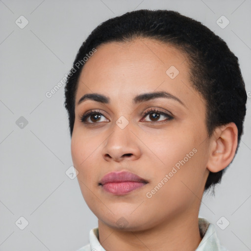 Neutral latino young-adult female with short  black hair and brown eyes