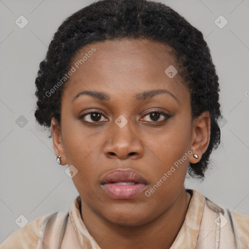 Neutral black young-adult female with short  brown hair and brown eyes