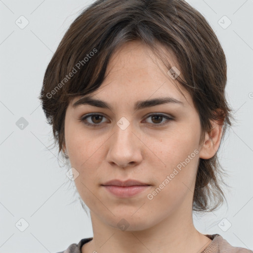 Neutral white young-adult female with medium  brown hair and brown eyes