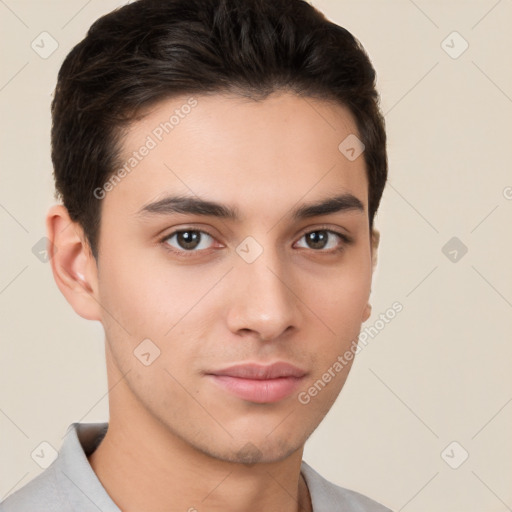 Neutral white young-adult male with short  brown hair and brown eyes