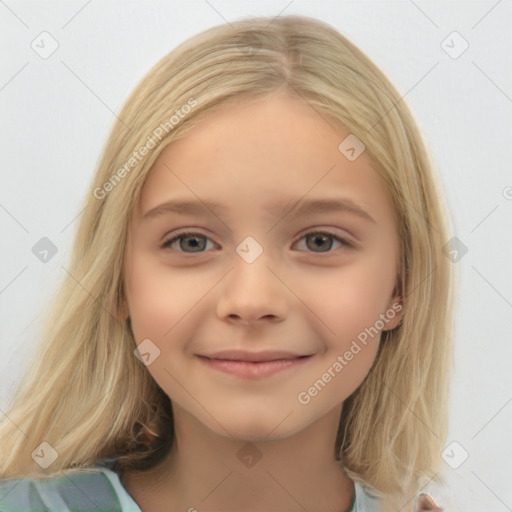 Joyful white child female with medium  brown hair and blue eyes