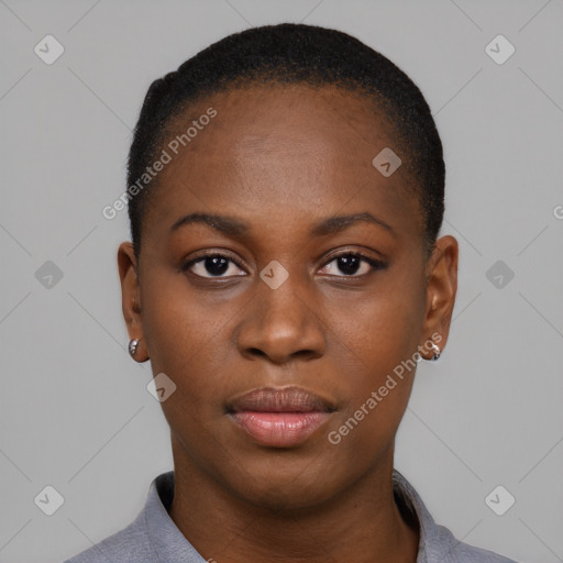 Neutral black young-adult female with short  black hair and brown eyes