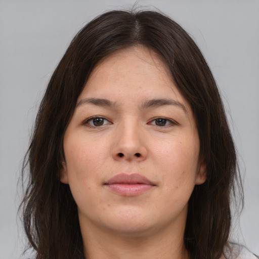 Neutral asian young-adult female with long  brown hair and brown eyes