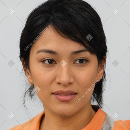 Joyful latino young-adult female with medium  brown hair and brown eyes