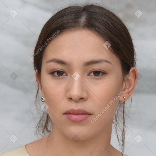 Neutral white young-adult female with medium  brown hair and brown eyes