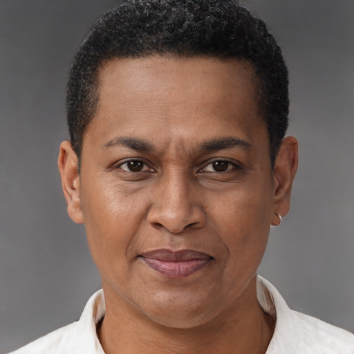 Joyful latino adult male with short  brown hair and brown eyes