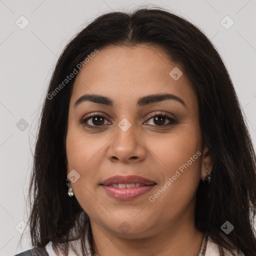 Joyful latino young-adult female with long  brown hair and brown eyes