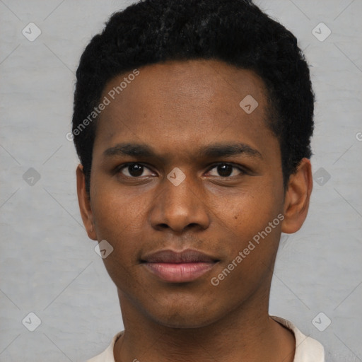 Neutral black young-adult male with short  black hair and brown eyes