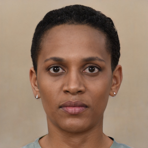 Neutral black young-adult female with short  black hair and brown eyes