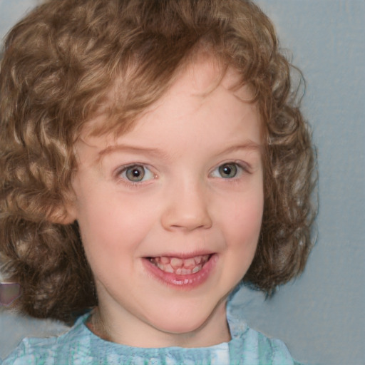 Joyful white child female with medium  brown hair and blue eyes