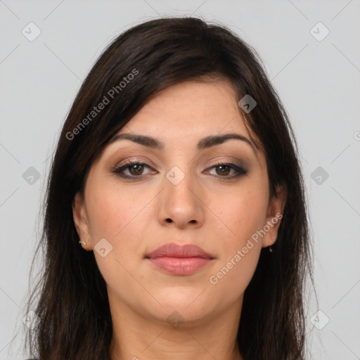 Joyful white young-adult female with long  brown hair and brown eyes