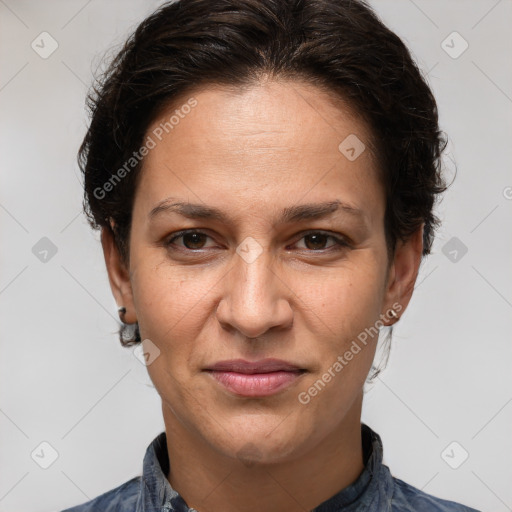 Joyful white adult female with medium  brown hair and brown eyes
