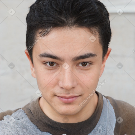 Neutral asian young-adult male with short  brown hair and brown eyes