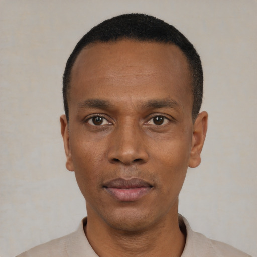 Neutral black adult male with short  black hair and brown eyes