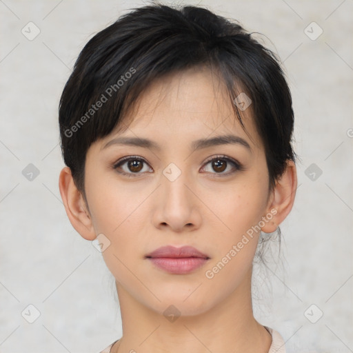 Neutral asian young-adult female with medium  brown hair and brown eyes