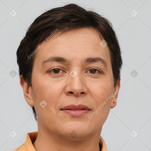 Joyful white adult female with short  brown hair and brown eyes