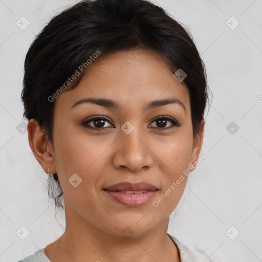 Joyful latino young-adult female with short  brown hair and brown eyes