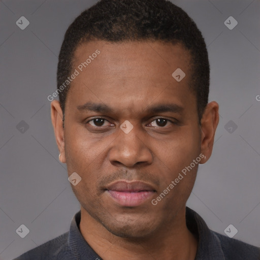 Neutral black adult male with short  black hair and brown eyes