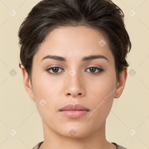 Neutral white young-adult female with short  brown hair and brown eyes