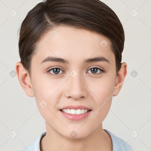 Joyful white young-adult female with short  brown hair and brown eyes