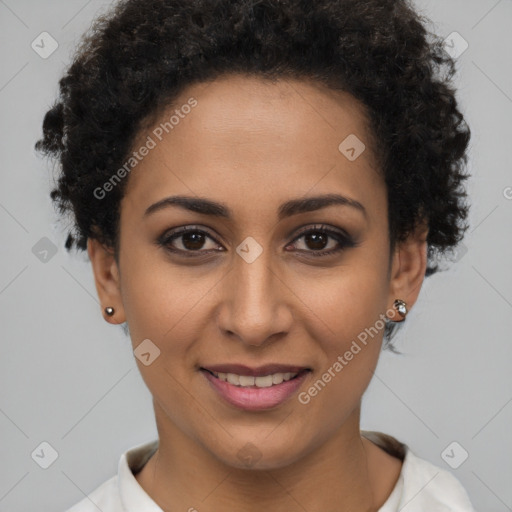 Joyful latino young-adult female with short  brown hair and brown eyes