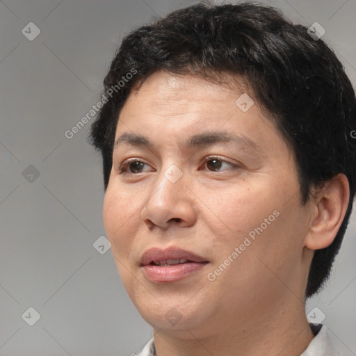 Joyful white adult female with short  brown hair and brown eyes