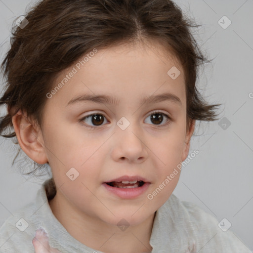 Joyful white child female with short  brown hair and brown eyes