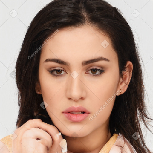 Neutral white young-adult female with medium  brown hair and brown eyes